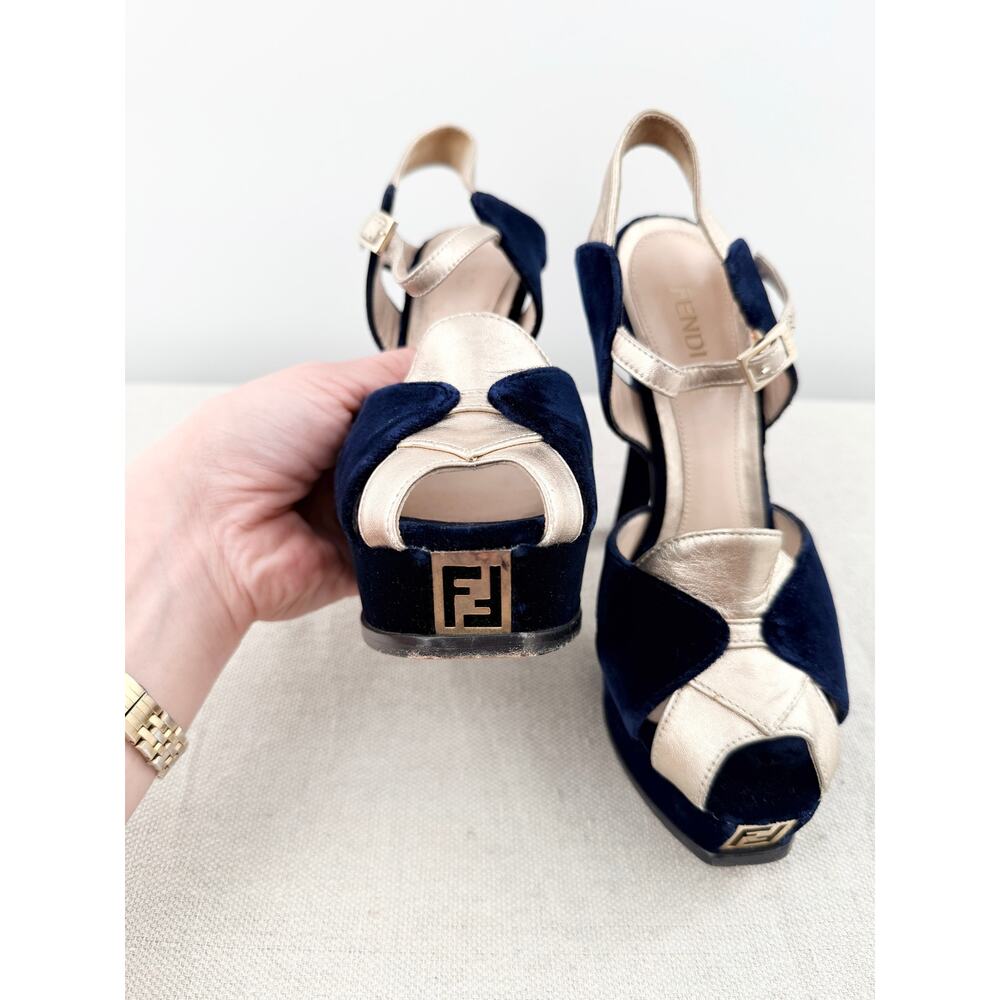 Fendi Velvet Colorblock FF Logo Slingback Platform Sandals Navy Blue Gold EU 36 - Picture 8 of 8